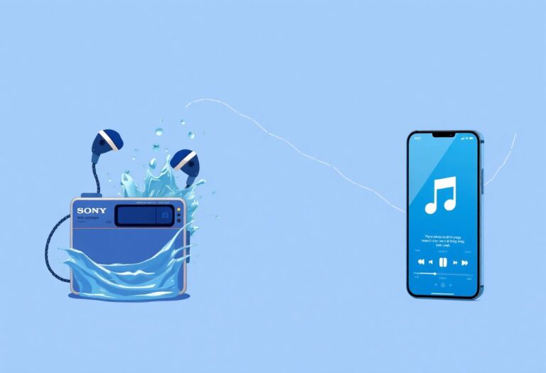 Conceptual illustration showing Sony Walkman's transformation journey from innovative product to market evolution challenges