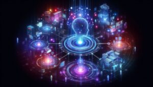 Futuristic visualization of an AI Agent coordinating multiple software platforms and databases in a complex, interconnected ecosystem
