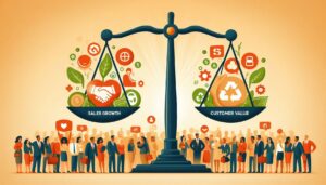 Balanced scale showing ethical marketing practices and sales growth, with satisfied customers in the background.