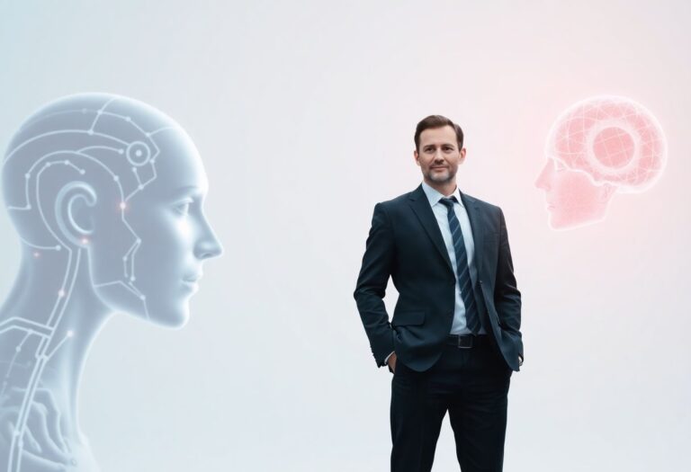 Business leader balancing AI technology and human creativity in a modern workplace setting