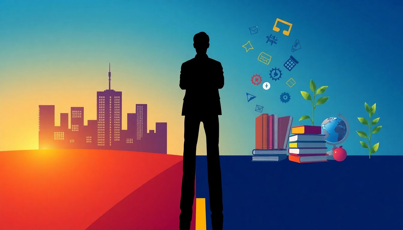 Entrepreneur standing at a crossroads between past startup success and future opportunities, symbolizing post-exit professional transformation