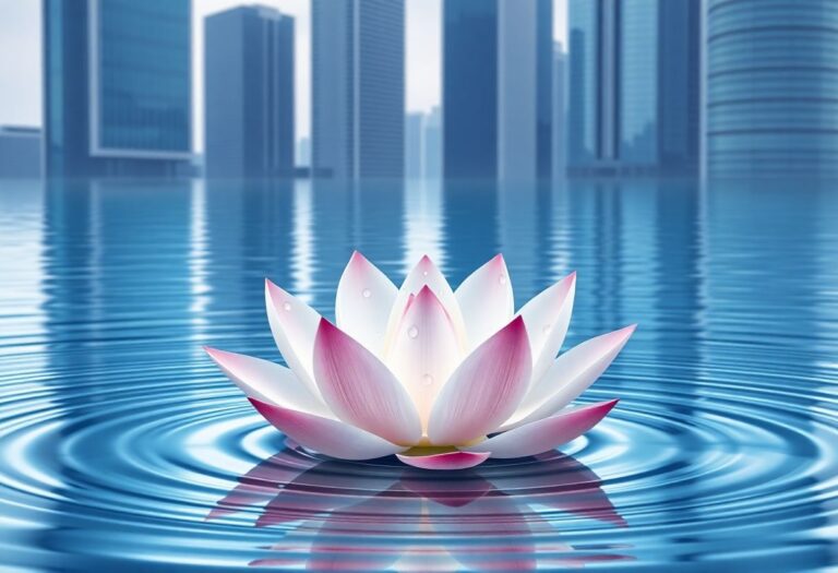 Lotus flower emerging from rippling water reflecting modern skyscrapers, symbolizing Eastern wisdom in modern business leadership