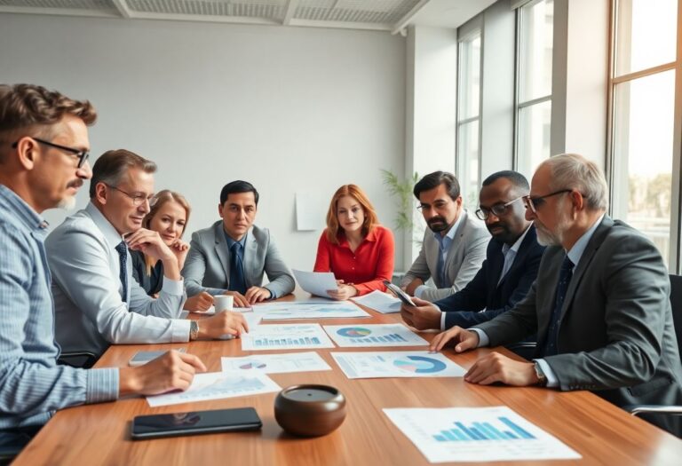 A diverse group of business professionals collaborating on a startup investment analysis, symbolizing due diligence and strategic planning for successful venture capital.