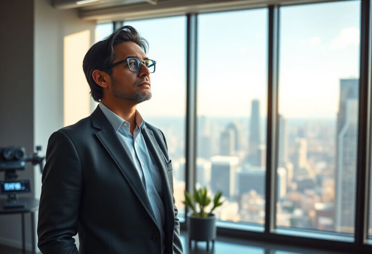 A confident CEO looks towards a futuristic cityscape, symbolizing forward-thinking leadership and innovation.