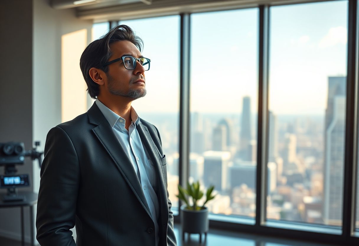 A confident CEO looks towards a futuristic cityscape, symbolizing forward-thinking leadership and innovation.