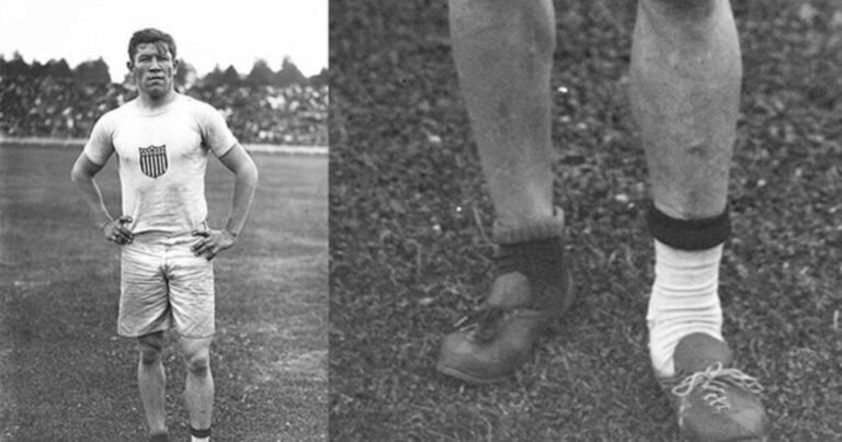 Jim Thorpe at the 1912 Olympics wearing mismatched shoes after overcoming adversity to win gold medals.