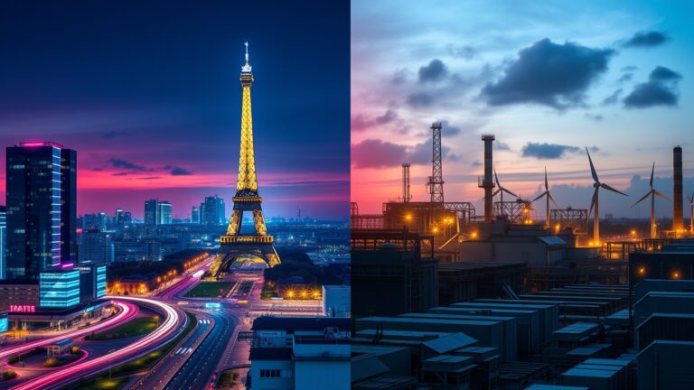 Contrasting visualization of France and Germany's AI landscapes, highlighting their different approaches to AI development and investment.