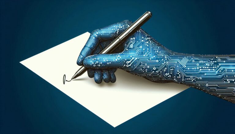While the left hand writes on paper with a hand bearing an AI circuit pattern, AI bias from right-hand data limitations is present.