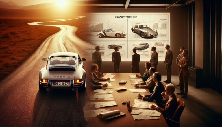 Historical photo of Porsche 911 and executives in a 1980s boardroom planning product strategy