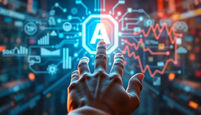 Illustration depicting the duality of AI, showing innovation and risks side by side with a human hand reaching towards an AI interface.