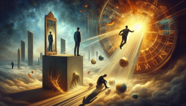 Surreal art portrays a person on a pedestal watching another fall, using abstract imagery—a mirror, clock, and gold thread—to depict shared human feelings.