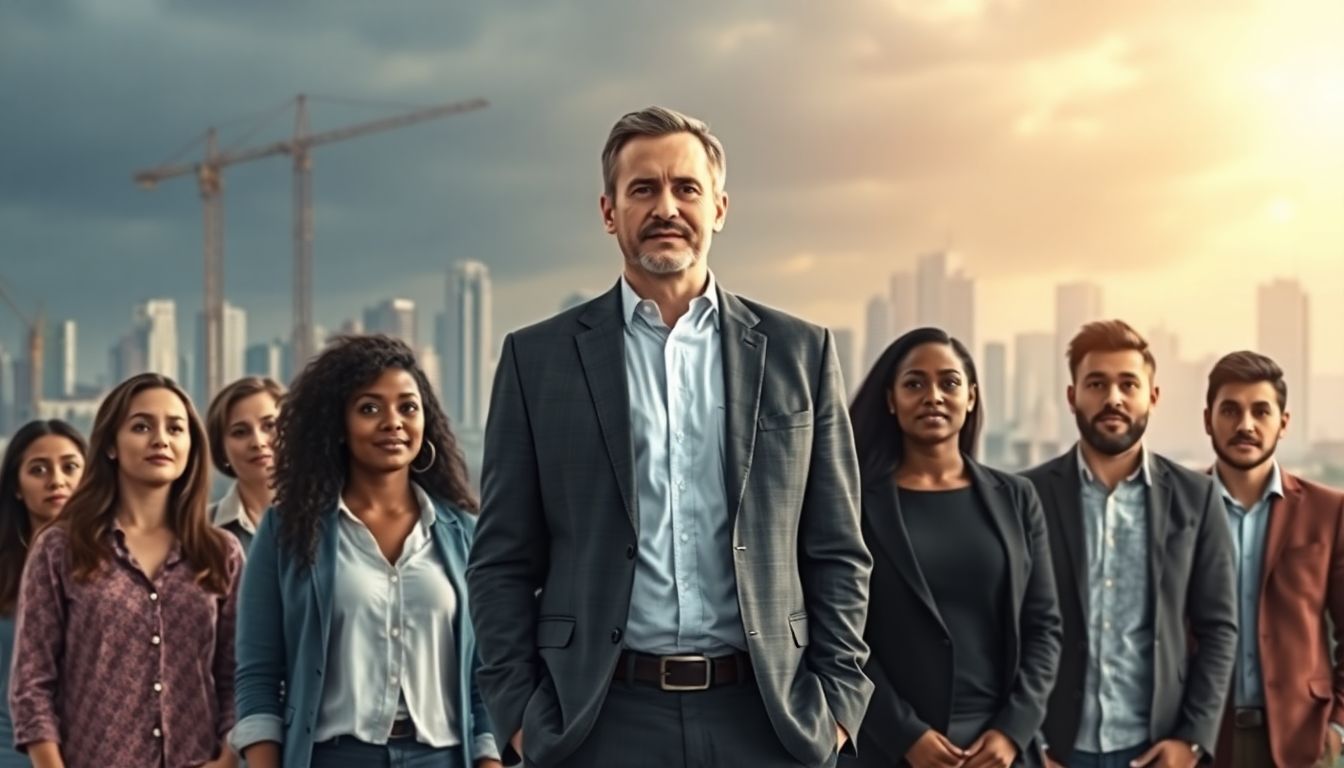 leader standing confidently with his staff in the back with a city landscape in the background
