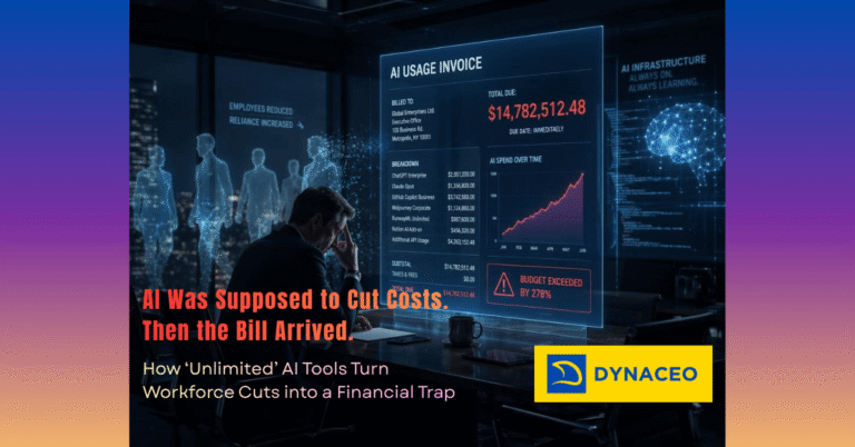 Executive in a dark boardroom staring at a huge AI invoice as workers fade into digital interfaces, symbolizing companies going broke after replacing employees with AI tools.