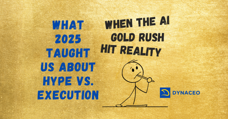 Illustration of AI's teachings on hype vs execution, showcasing the 2025 divide between accessible tools and deployment wisdom.