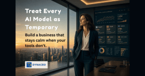 Executive leader in a modern boardroom overlooking a city with shifting AI icons, symbolizing temporary AI models and resilient business leadership.