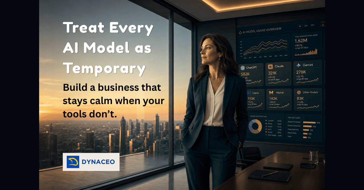 Executive leader in a modern boardroom overlooking a city with shifting AI icons, symbolizing temporary AI models and resilient business leadership.