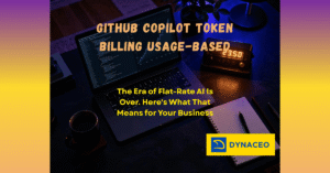 Laptop showing code and rising AI cost graph next to a glowing meter, representing token-based billing for GitHub Copilot
