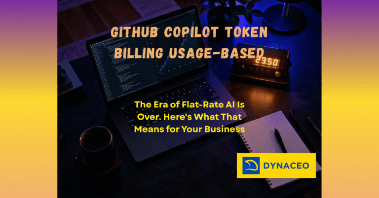 Laptop showing code and rising AI cost graph next to a glowing meter, representing token-based billing for GitHub Copilot