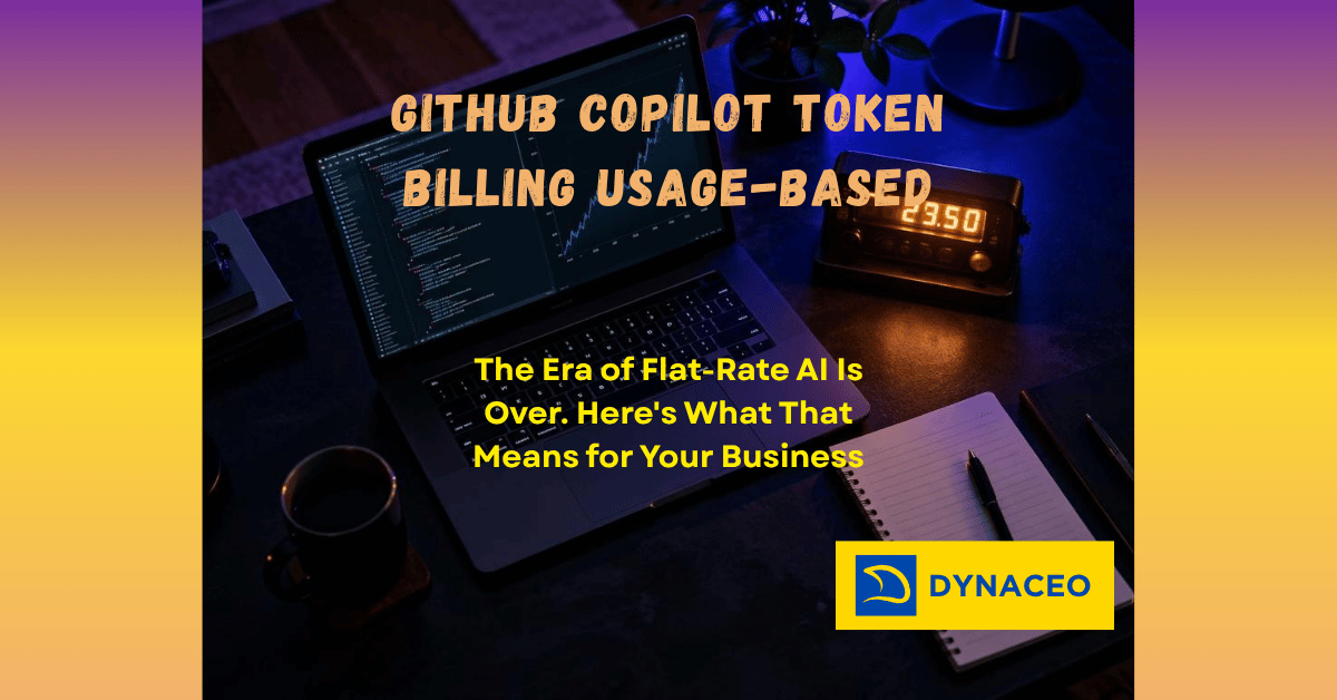 Laptop showing code and rising AI cost graph next to a glowing meter, representing token-based billing for GitHub Copilot
